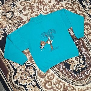 80s 90s Turquoise Cartoon Sweater Cotton Knit Palm Tree Retro Vintage 1980s 1990